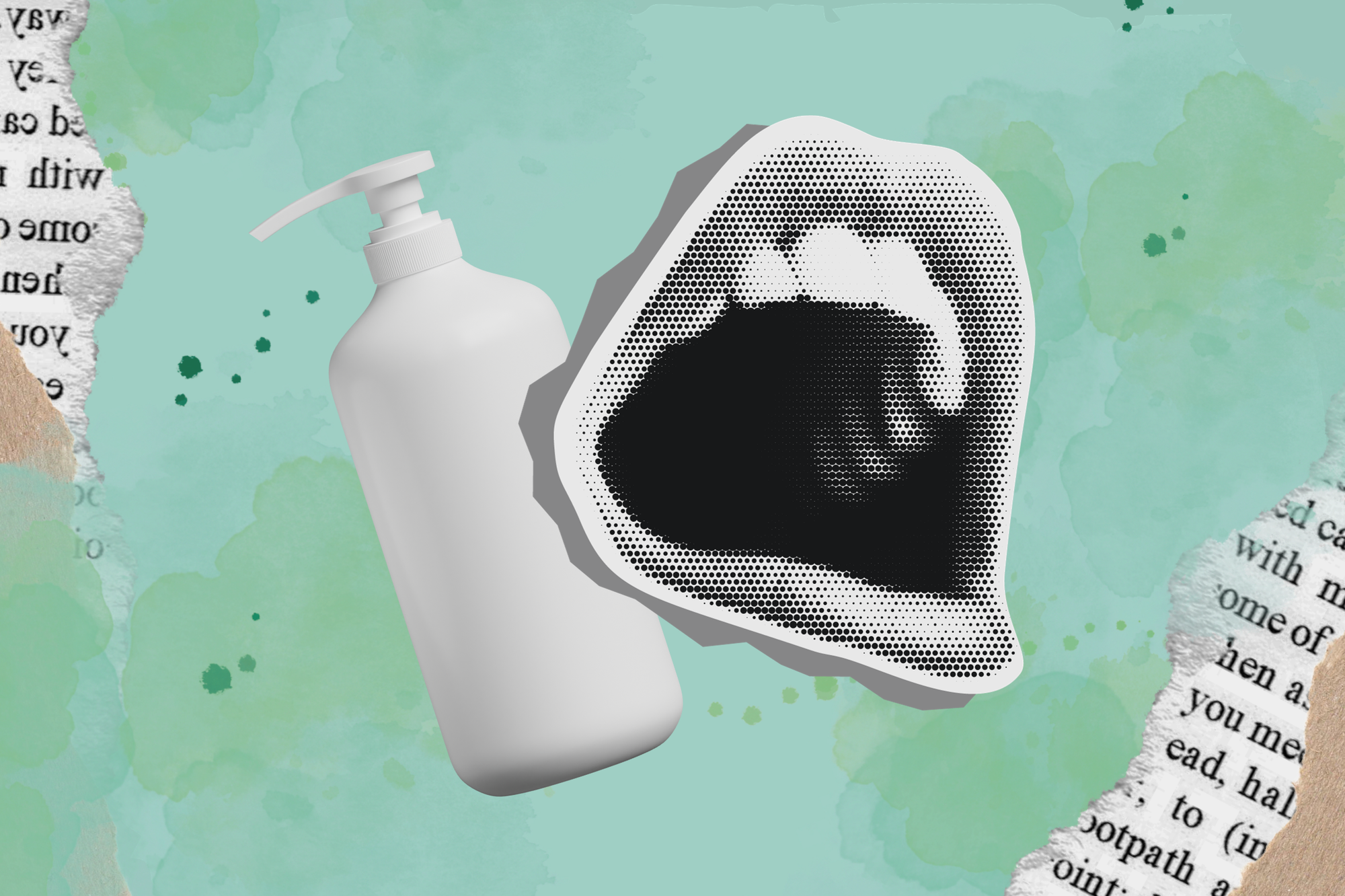 digital color collage on a watercolor teal background with strips of torn text-covered paper. black-and-white images of an op