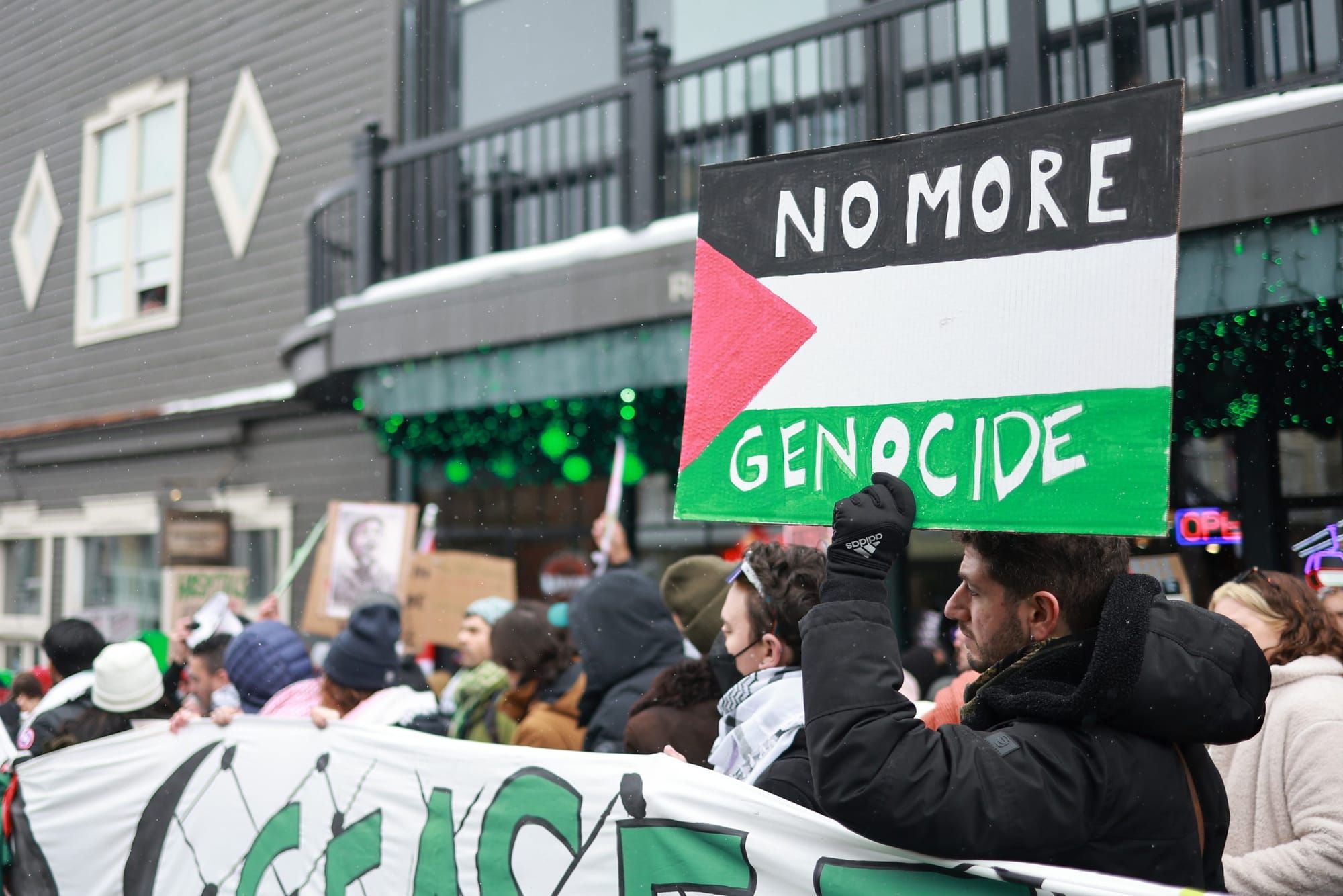 photograph of outdoor protest of man holding protest of palestinian flag that reads "no more genocide"
