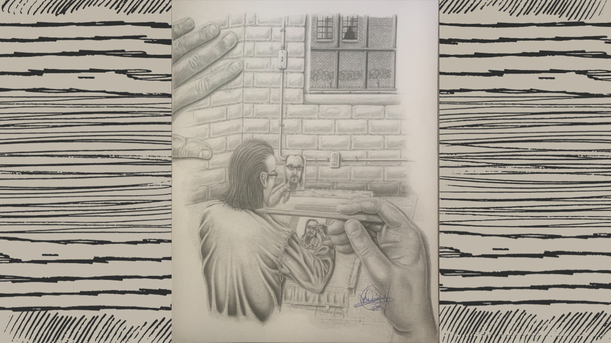 hand-drawn pencil illustration of a hand holding a pencil up for perspective in the foreground against a man sitting with his