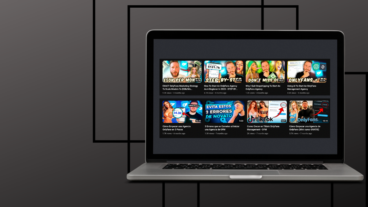 color digital collage with a gradient dark grey background and straight black lines crossing behind a macbook open displaying