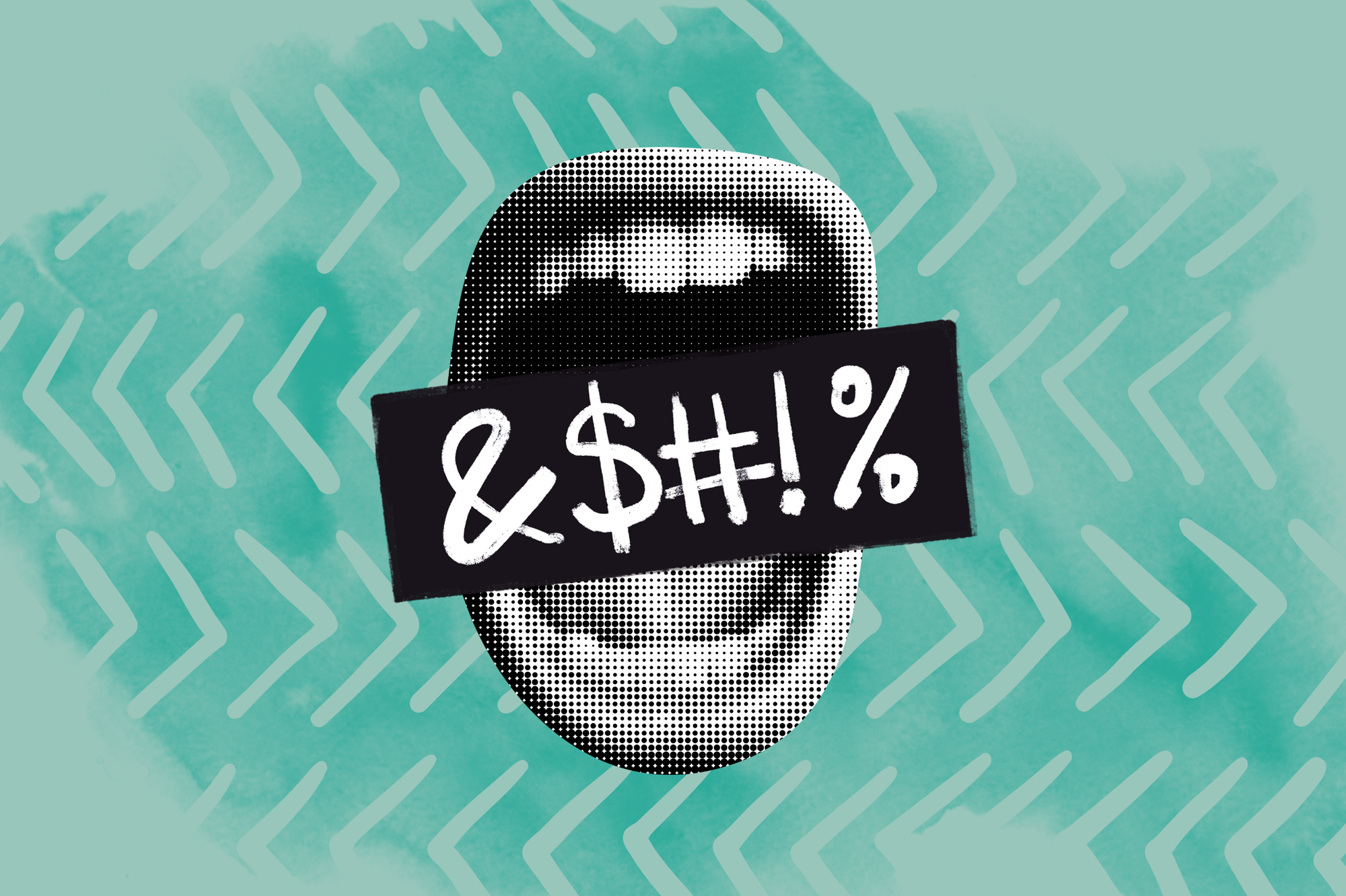 color digital collage on a teal background. a black-and-white cutout photo of an open mouth is in the center with a black tex