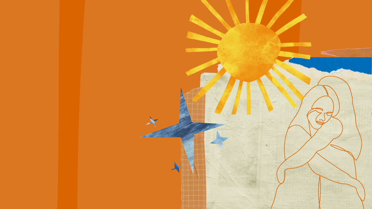 color digital collage on an orange background with a yellow sun and blue star hovering above a line illustration of a mother