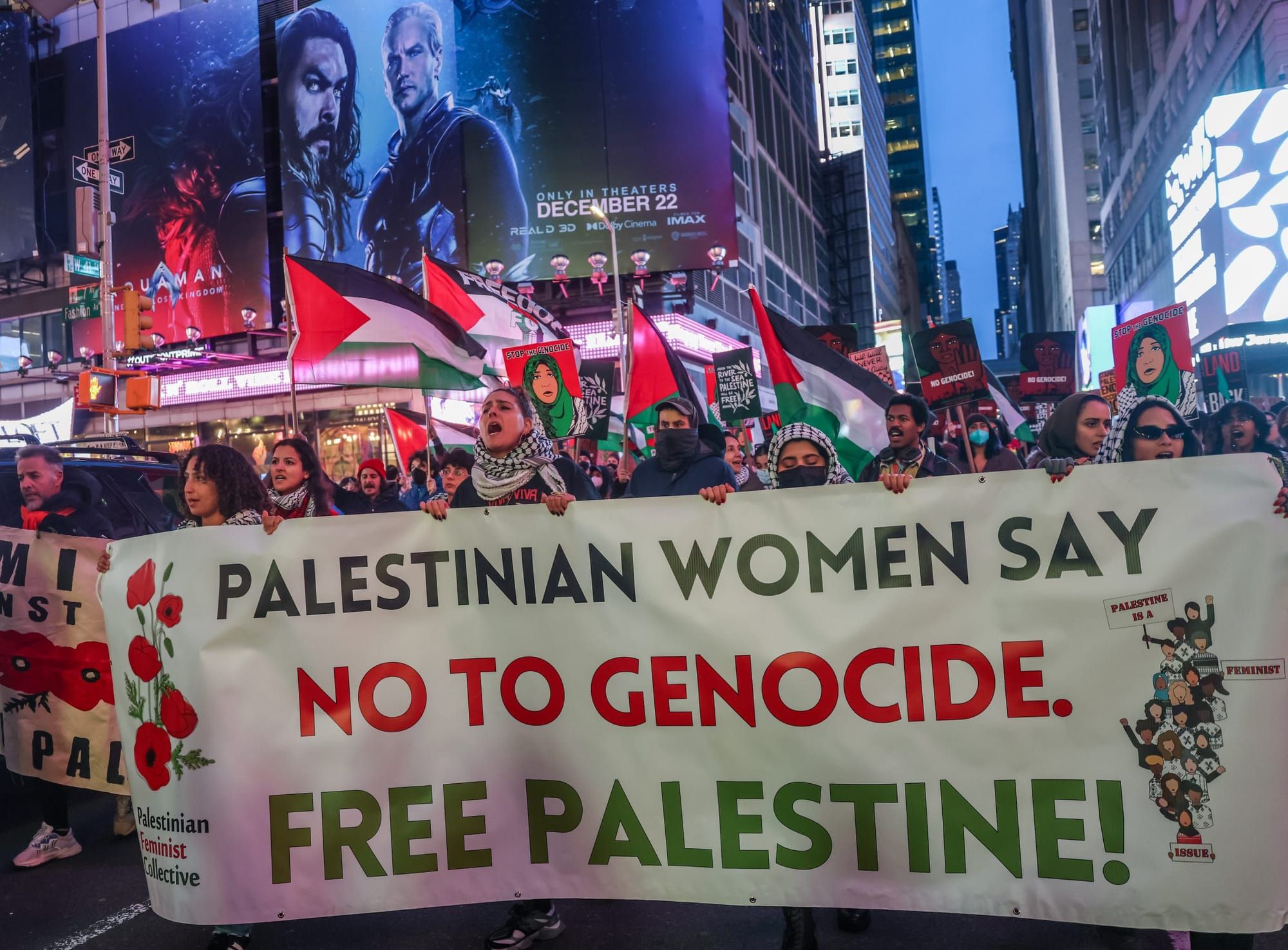 color photograph of an outdoor protest at night in support of Palestinian liberation. women wearing masks and keffiyehs hold