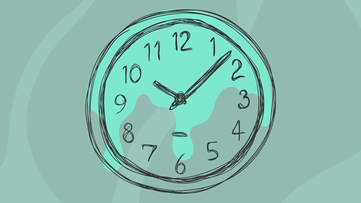 color digital collage on a teal background with an analog circular wall clock