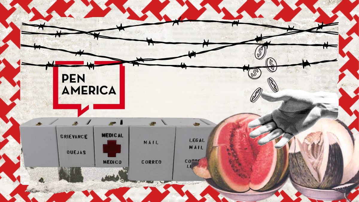 color collage with a red-and-white border and the PEN America logo among barbed wire, an outstretched hand with coins falling