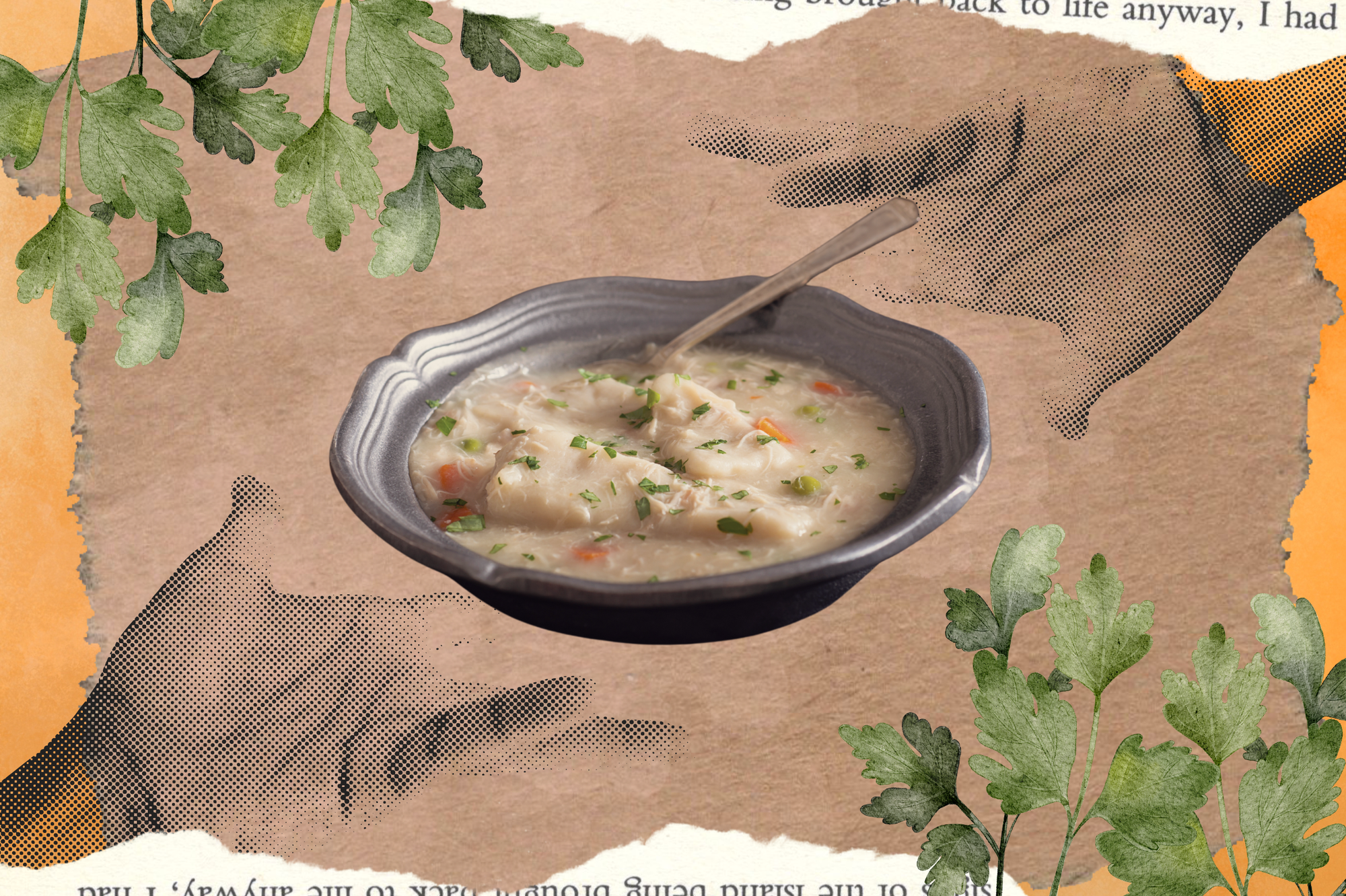 color digital collage of two hands reaching toward the center from opposite corners. between them is a bowl of chicken soup