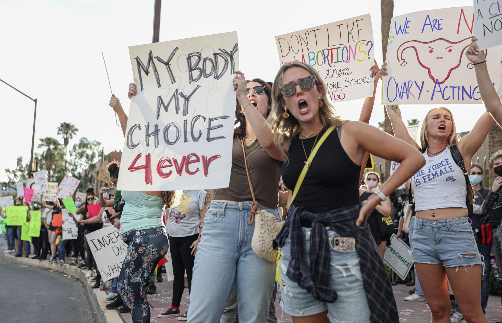 color photograph of an outdoor protest in support of abortion. a person in the foreground holds a white poster sign that read