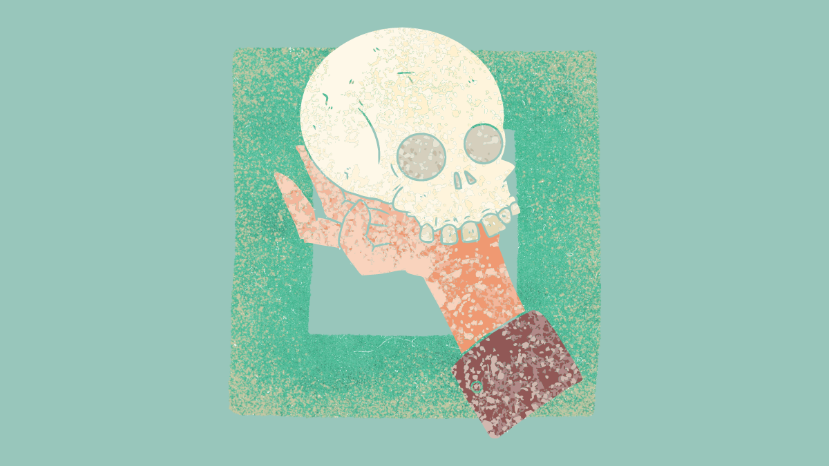 color digital collage of a hand holding up a skull on a teal background