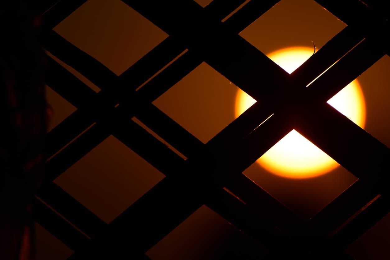 a vivid sun in a dark sky is visible through a crisscrossed fence in the foreground
