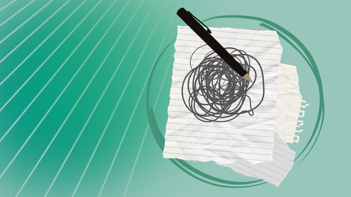 digital collage on a teal background of a piece of paper with circular scribbles on it