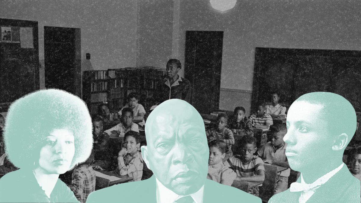 digital collage of black and white vintage photograph of Black students in a classroom with a Black teacher and images of Ang