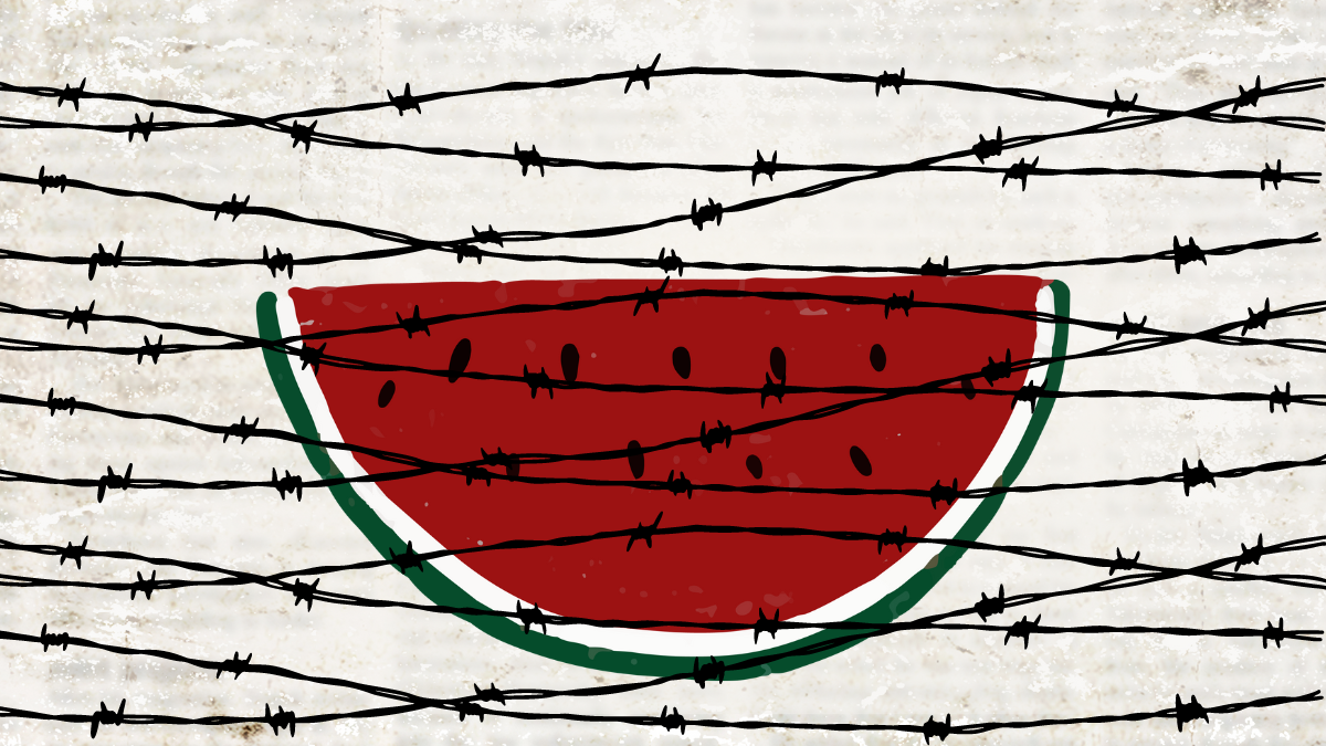 collage of a watermelon behind barbed wire