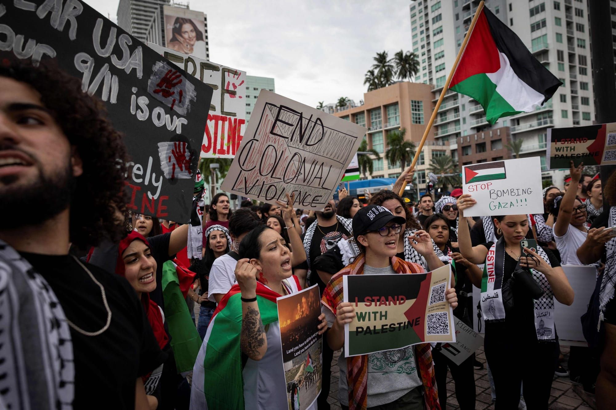 color photograph of an outdoor protest in support of Palestinian liberation