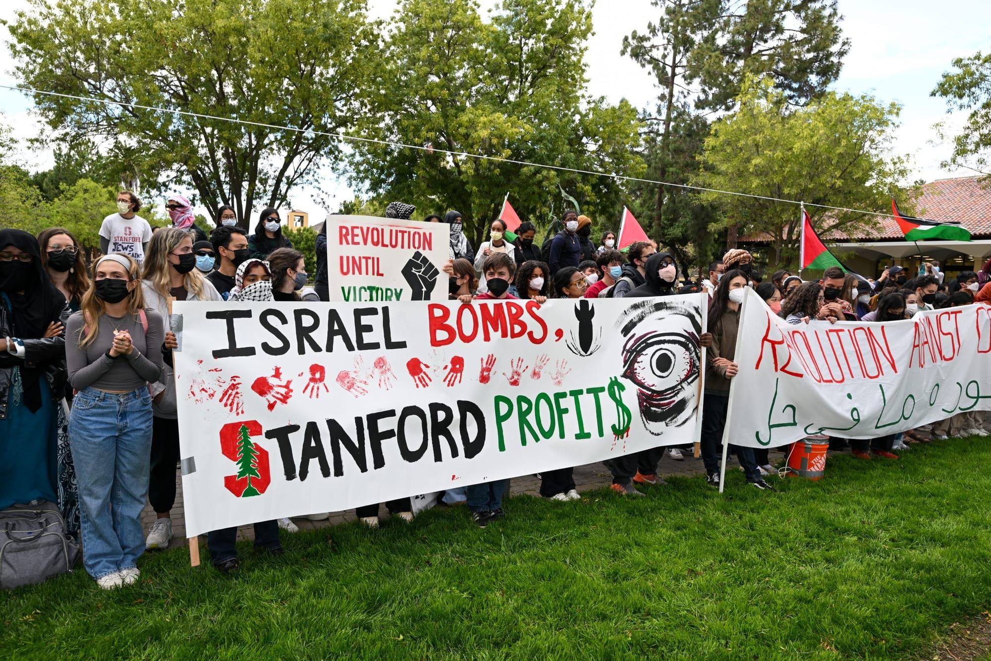 color photograph of an outdoor protest in support of Palestinian liberation. people stand in a line holding a long banner tha