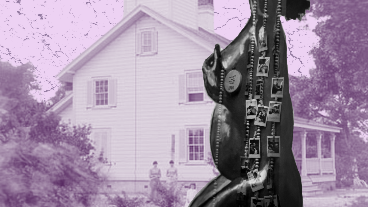 digital collage of a Black pregnant woman's silhouette with Polaroid photos hanging on beaded chains. in the background there