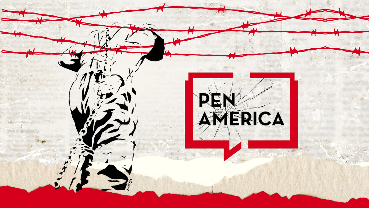 color digital collage of a line drawing of a person wrapped in chains. lines of red barbed wire cross the top third of the co