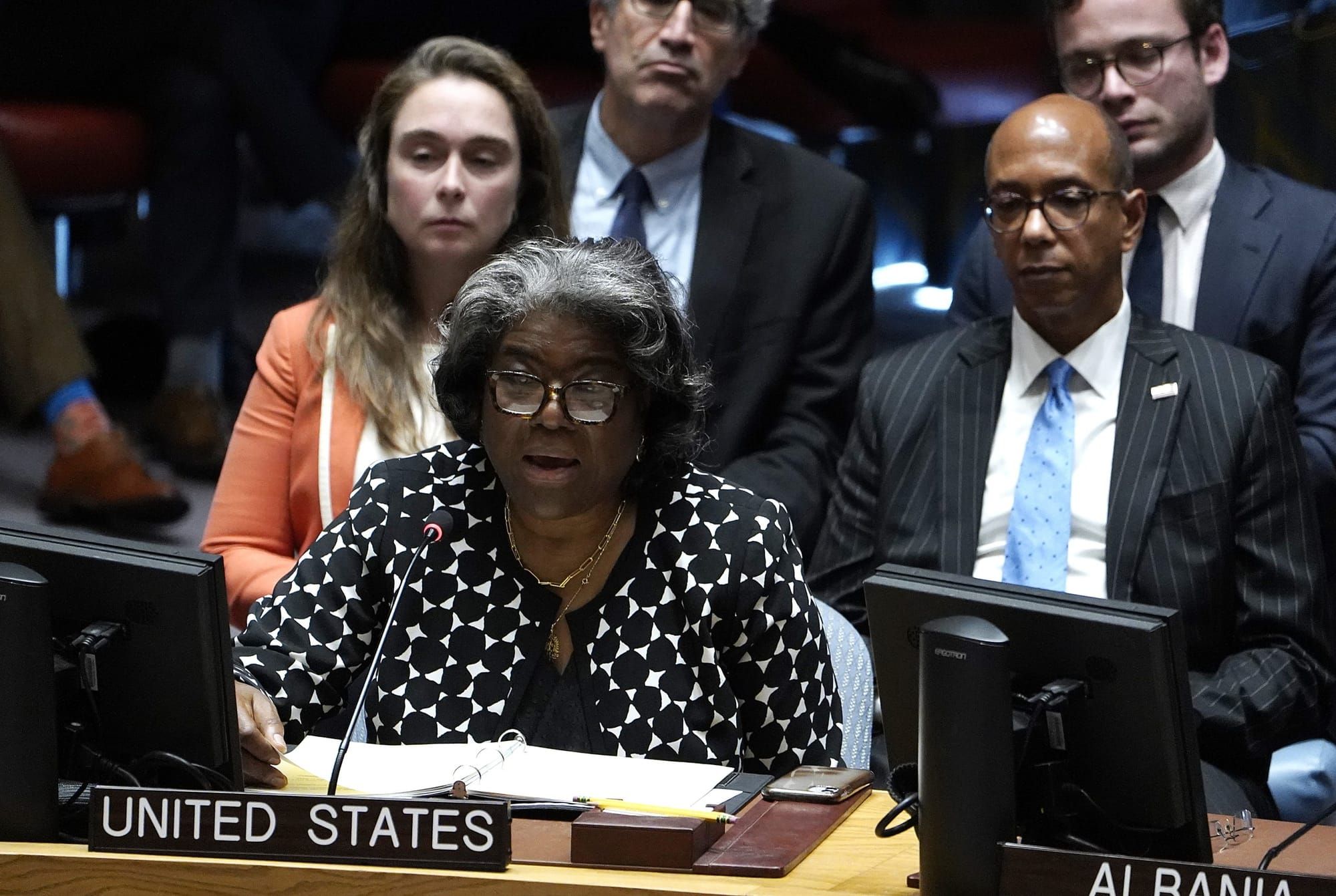 color photograph of U.N. Ambassador Linda Thomas-Greenfield sitting at the United States' seat in a U.N. Security Council mee