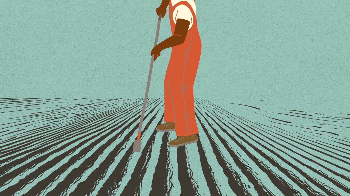 digital collage on a teal background of a Black person in an orange jumpsuit tilling a field with a hoe