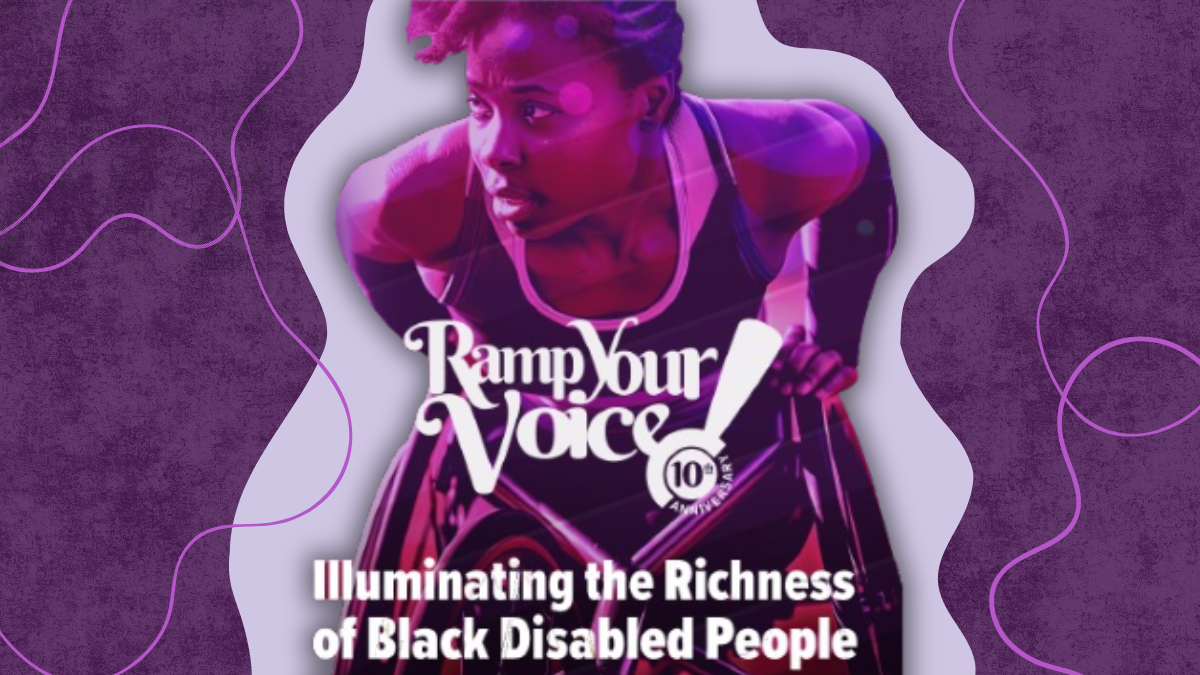 digital collage on a dark purple background of a Black woman leaning forward in a wheelchair