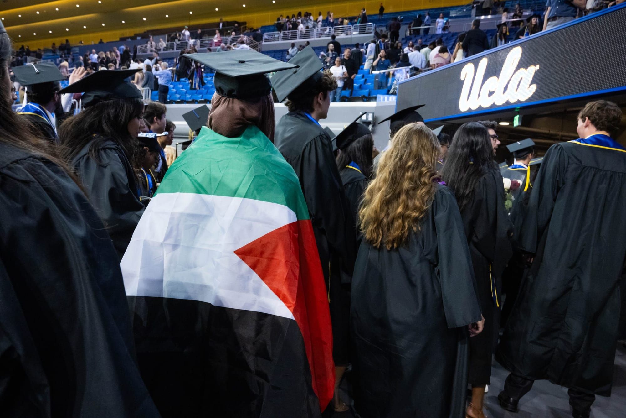color photograph of a person facing away from the camera in black graduation regalia with a Palestinian flag around their sho
