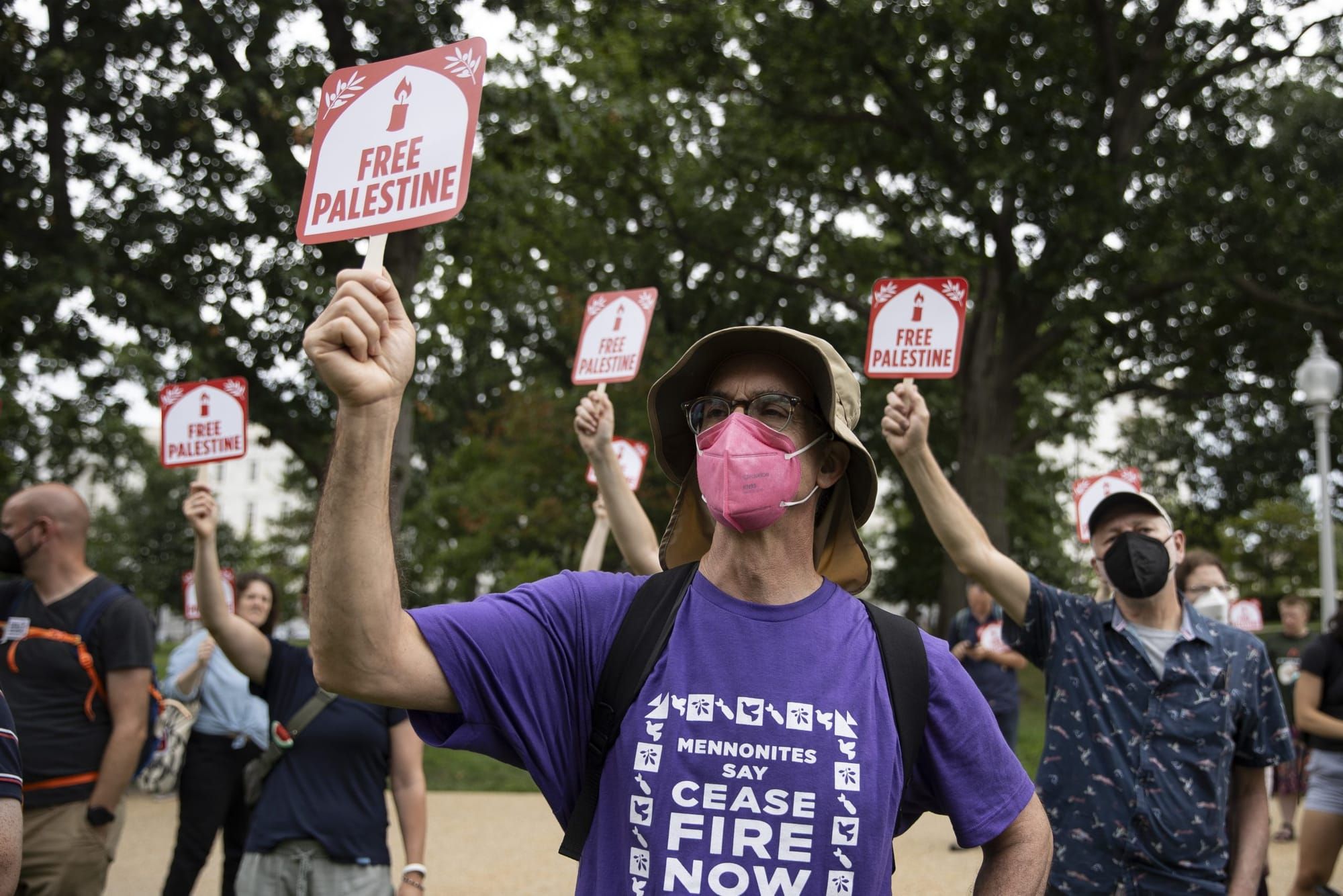 color photograph of an outdoor protest. a person wearing a face mask holds up a sign reading "Free Palestine"