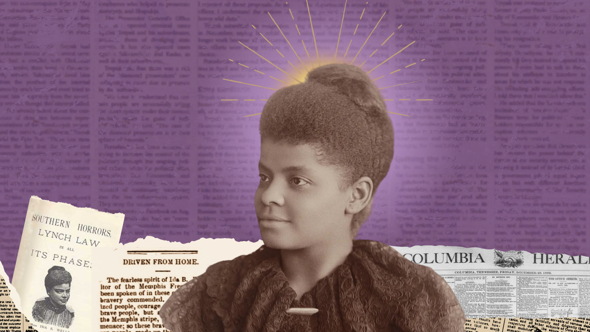 color digital collage on a purple background with a cutout of Ida B. Wells in the center