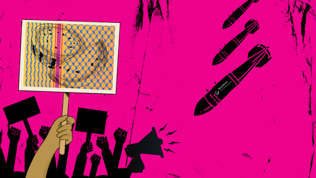 digital collage on a vivid pink background with missiles falling on the right side and protesters holding up pro-Palestinian