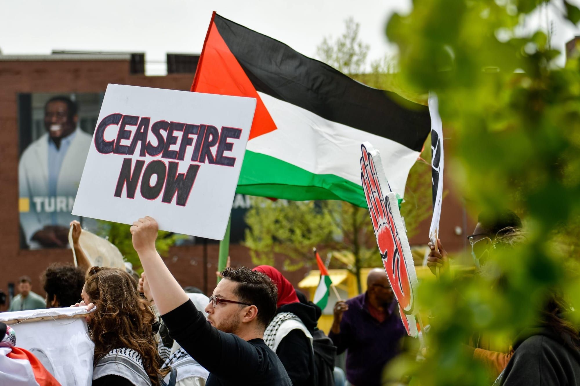 color photograph of an outdoor protest. people hold up the Palestinian flag and and signs that read "ceasefire now"
