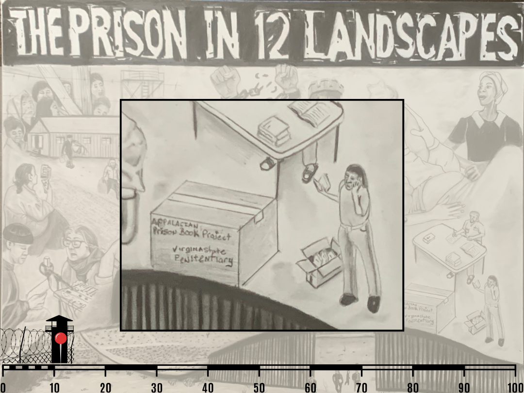 digital collage of a pencil sketch with the header "the prison in 12 landscapes" running across the top. a close-up of someon