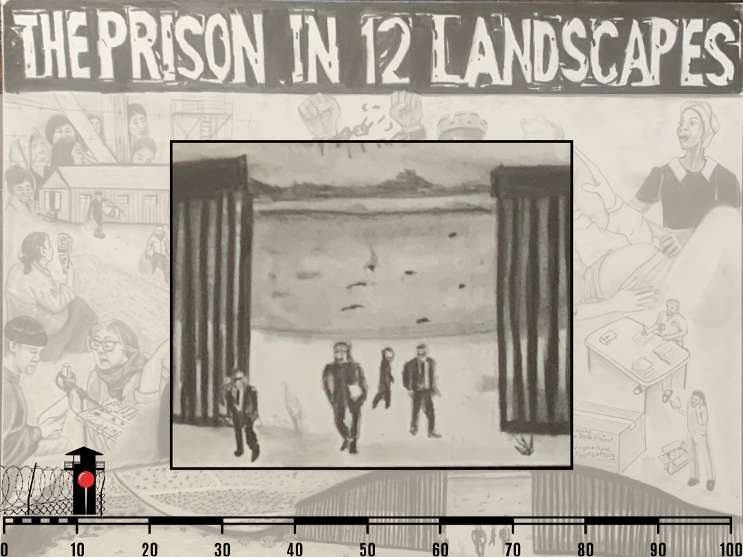 digital collage of a pencil sketch with the header "the prison in 12 landscapes" running across the top. a close-up of four p