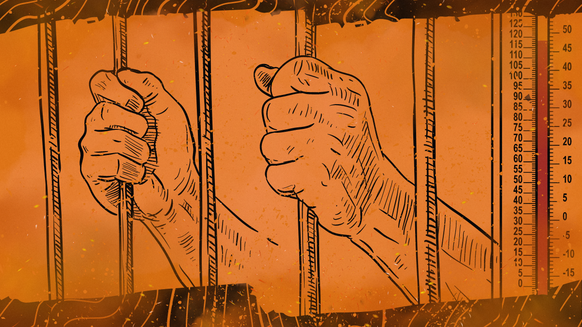 digital collage with orange background and an illustration of hands gripping bars with a thermometer on the right side