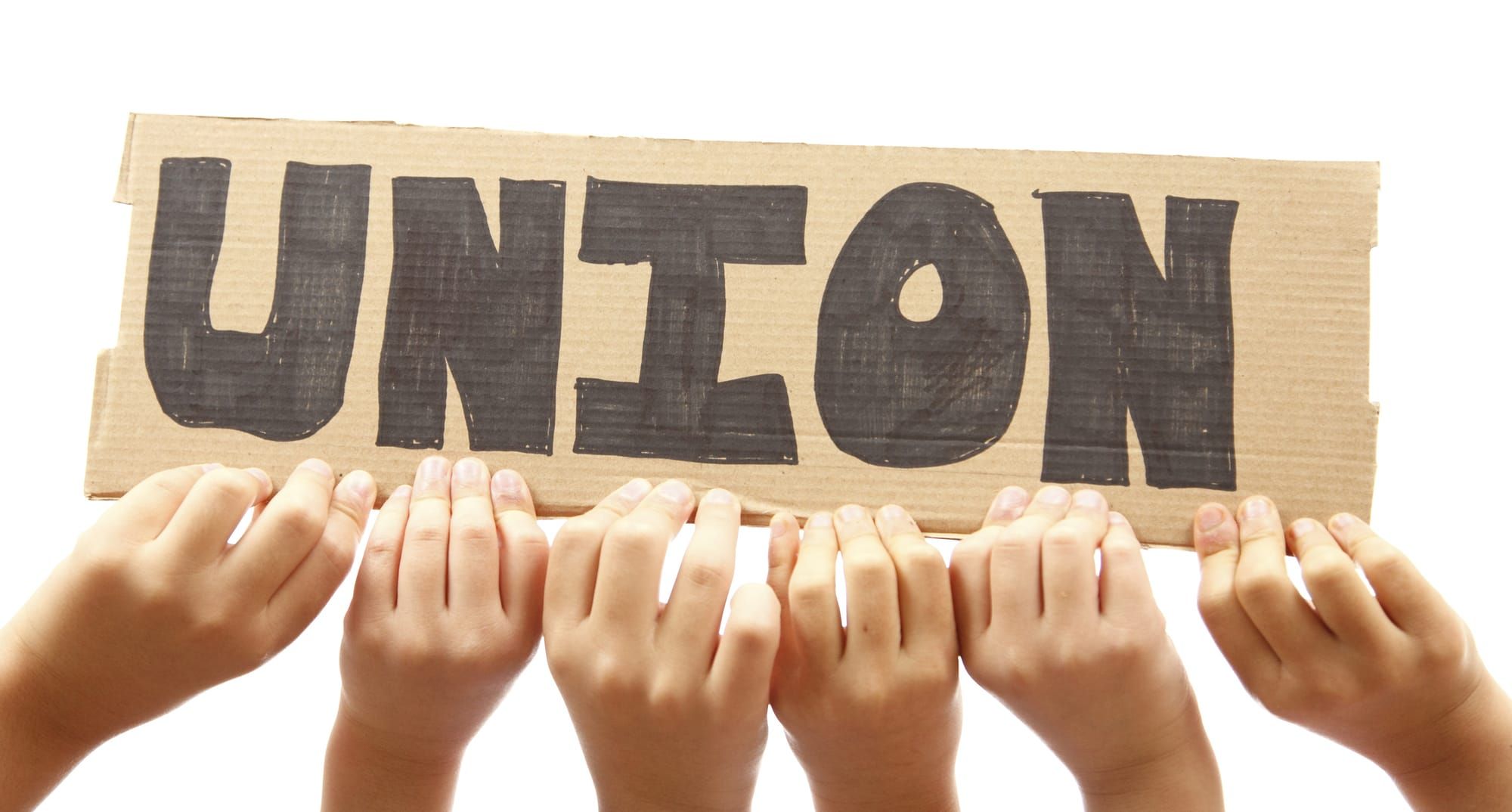 Diverse hands holding cardboard sign that says "union"