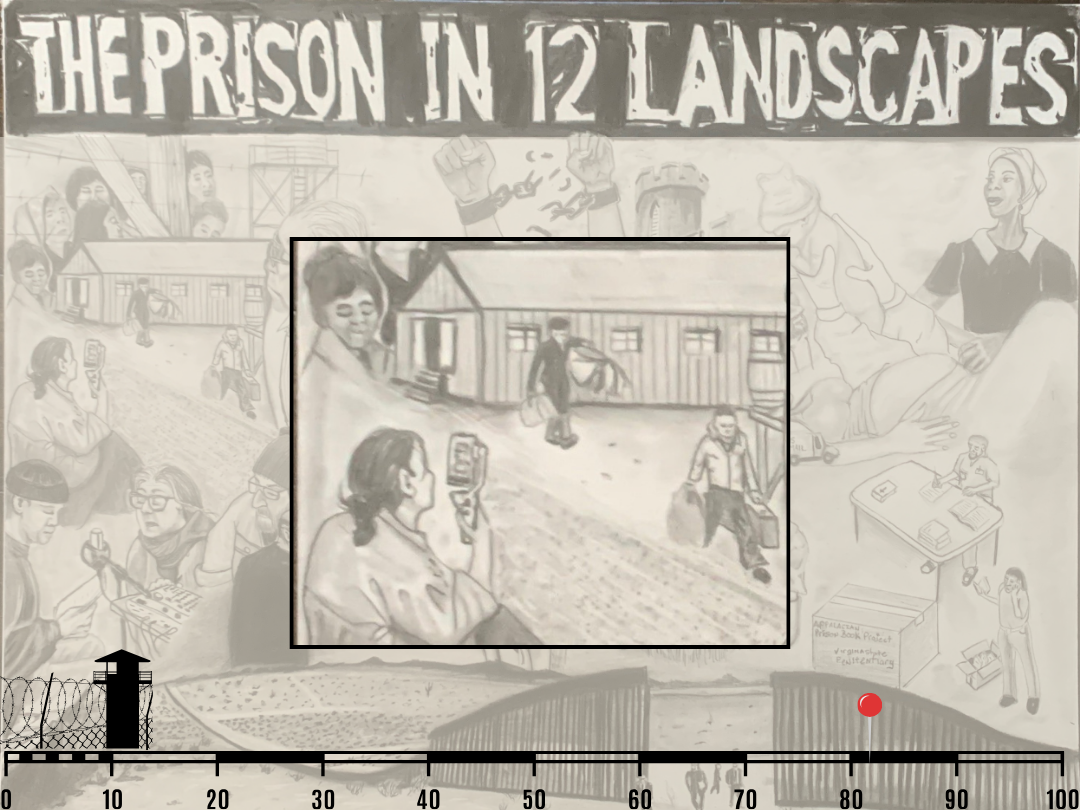 Illustration of individuals carrying packages and looking at photos in a camp