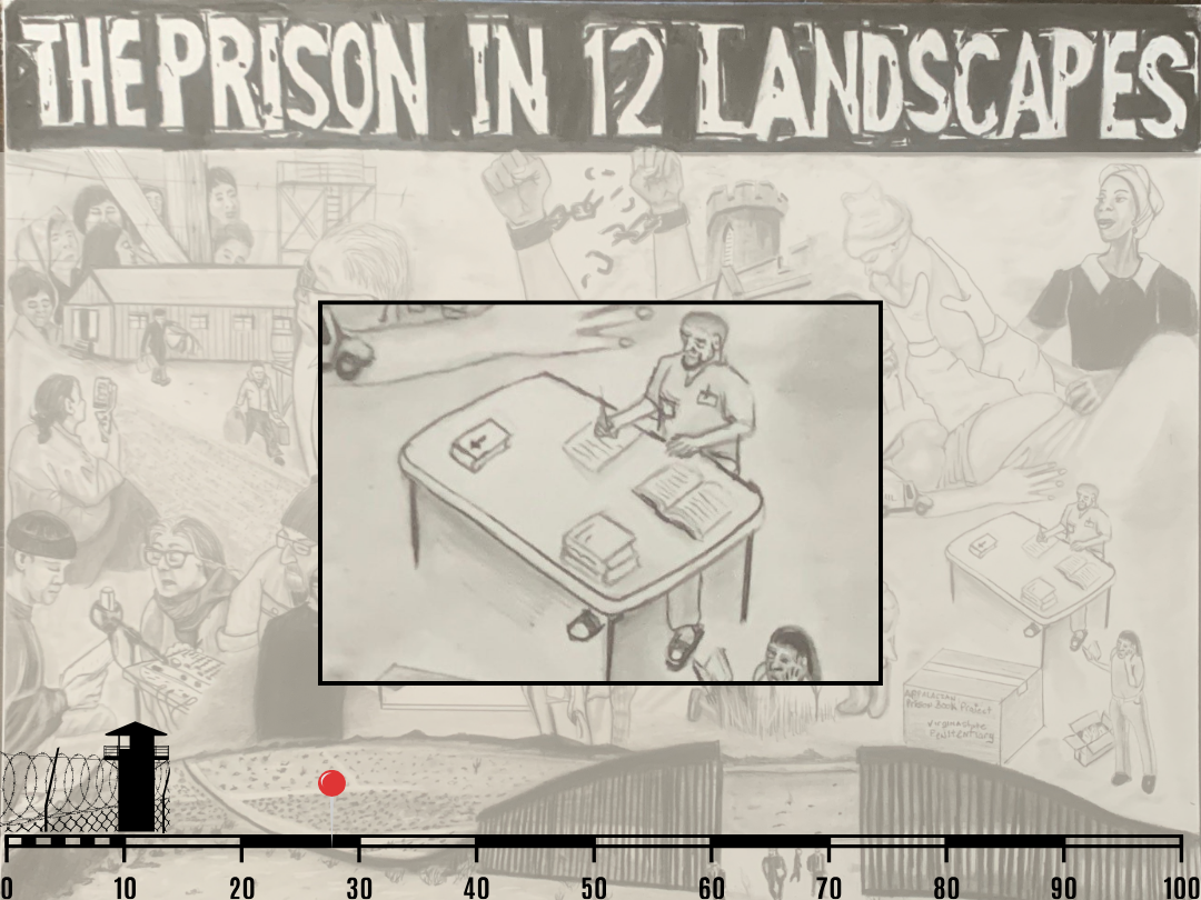 An individual sits at a table writing, books piled nicely on the table around them.