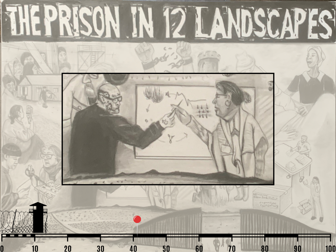 Illustration of two individuals looking at a map on the wall and talking