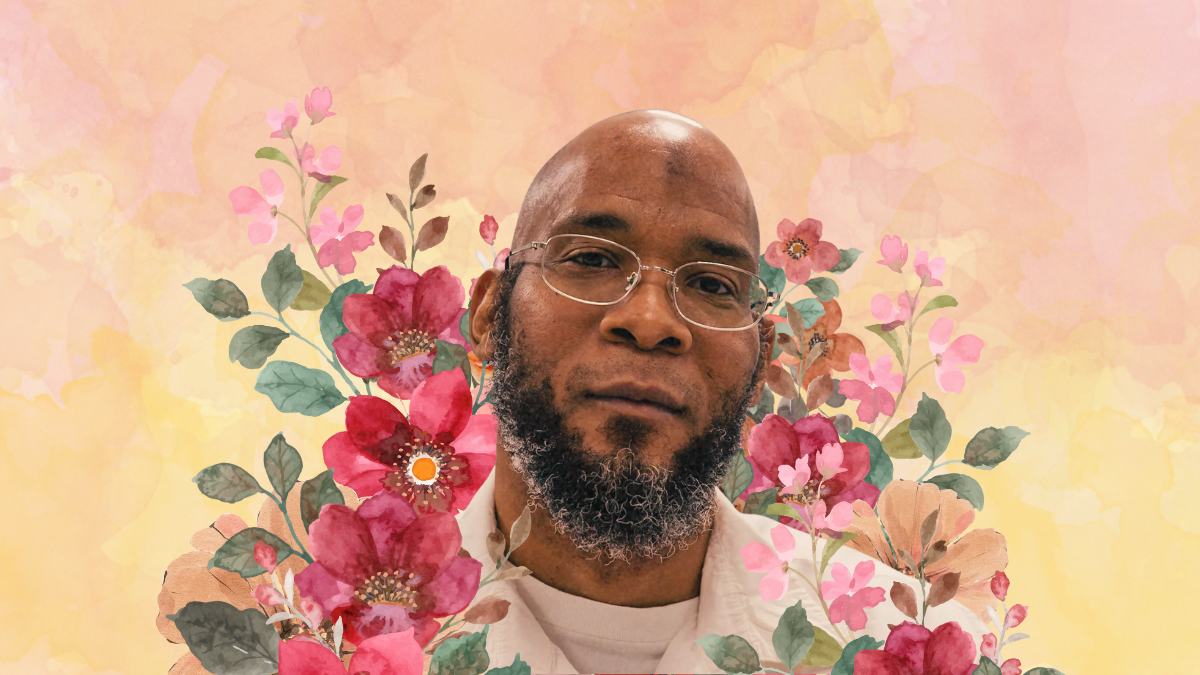 A photo of Marcellus Williams is surrounded by drawings of flowers.