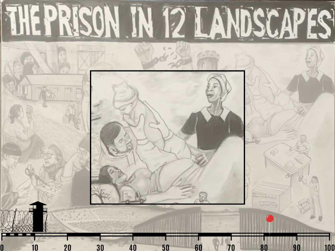 Illustration of person giving birth with partner and birth worker present.