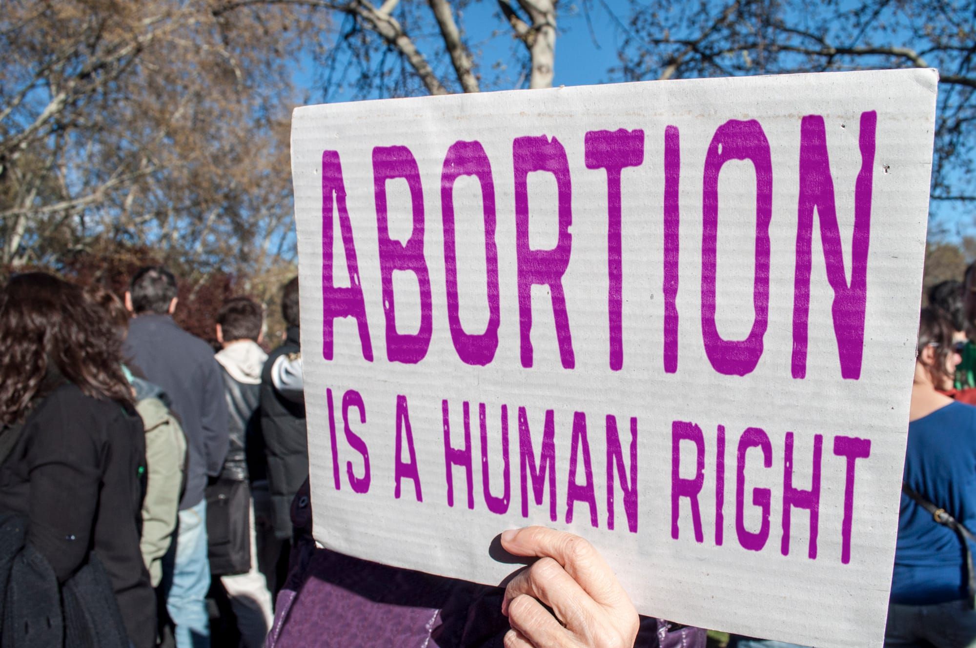 A protest sign reads, "Abortion is a human right."