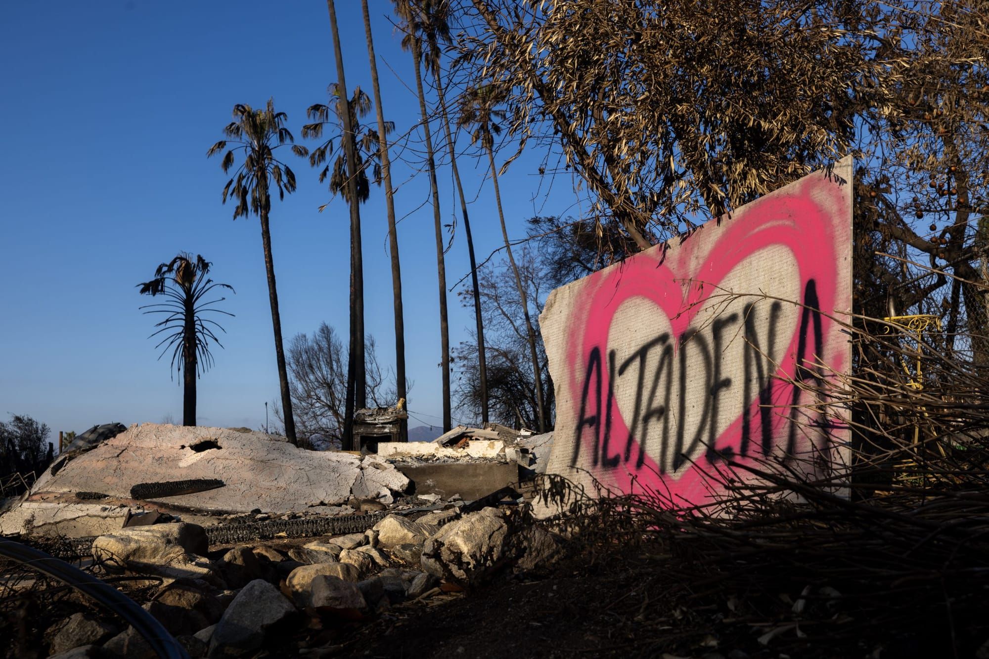 sign that reads Altadena with a pink heart around it, with palm trees and ruins from the fire in the background
