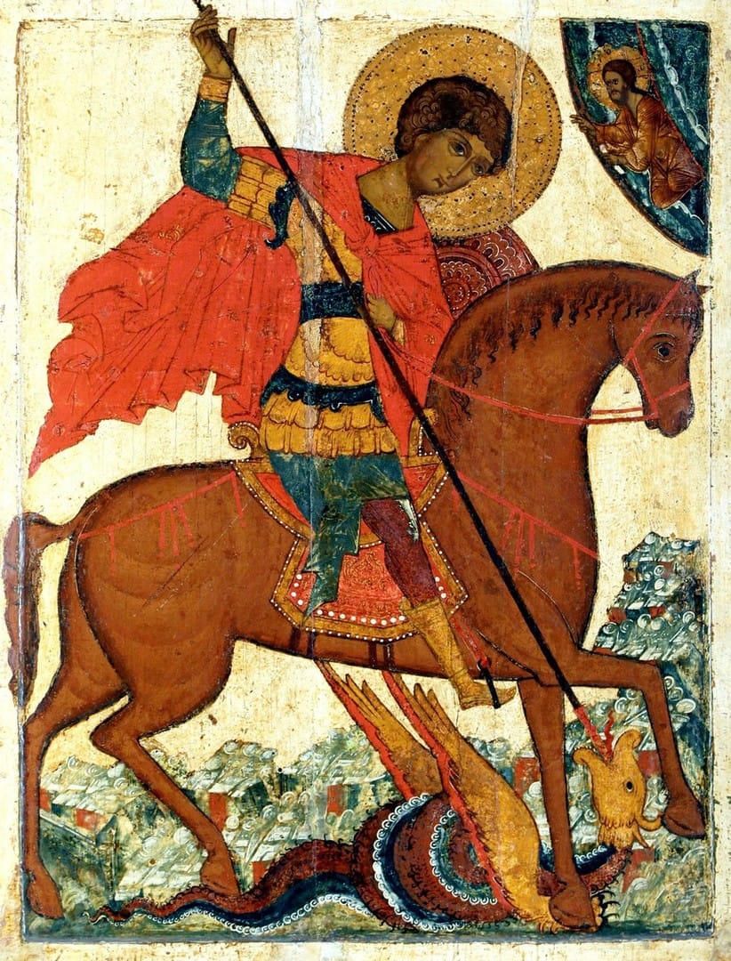 San Jorge y el dragón, de Novgorod (siglo XV, Galería Tretiakov, Moscú) con caballo marrón