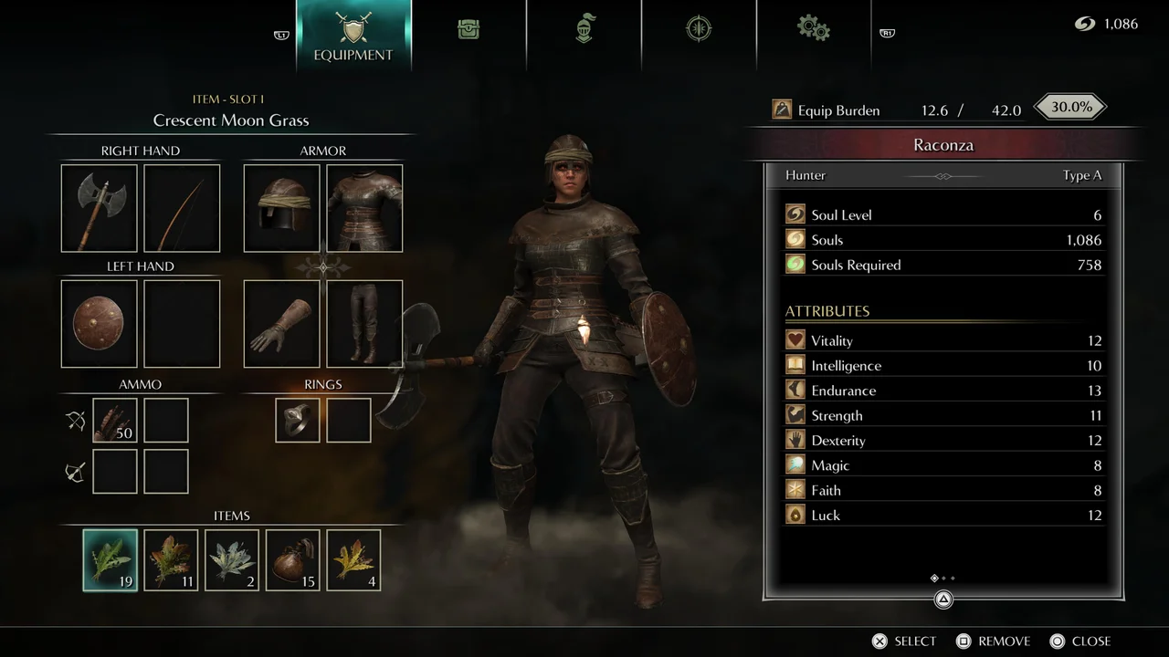 Pantalla de equipamiento para el personaje en Demon's Souls