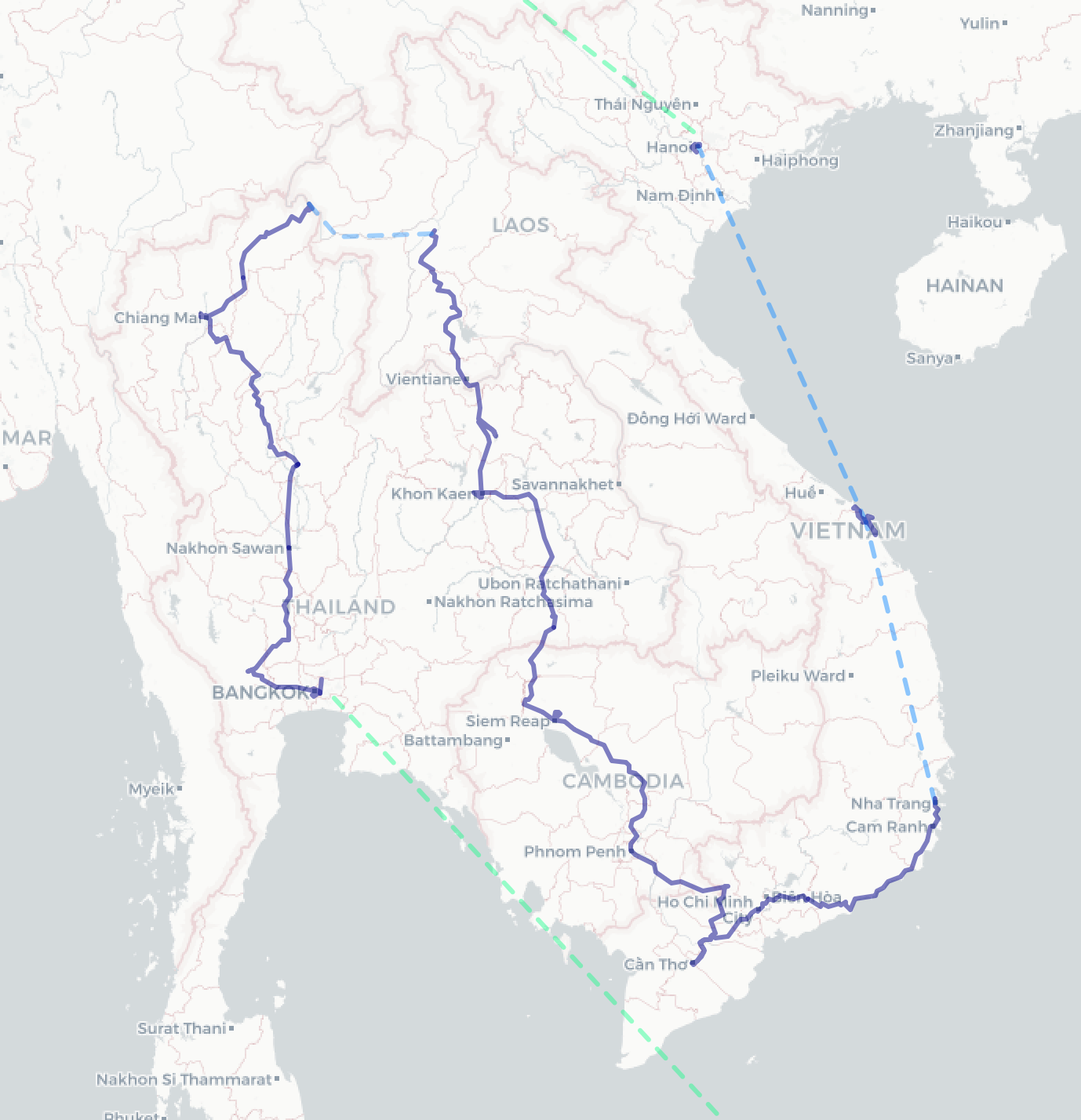Southeast Asia bicycle journey route map