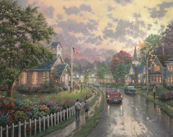 A small-town street at dusk with glowing houses, a church, an American flag, vintage cars, and a figure walking a dog beneath a luminous sky.