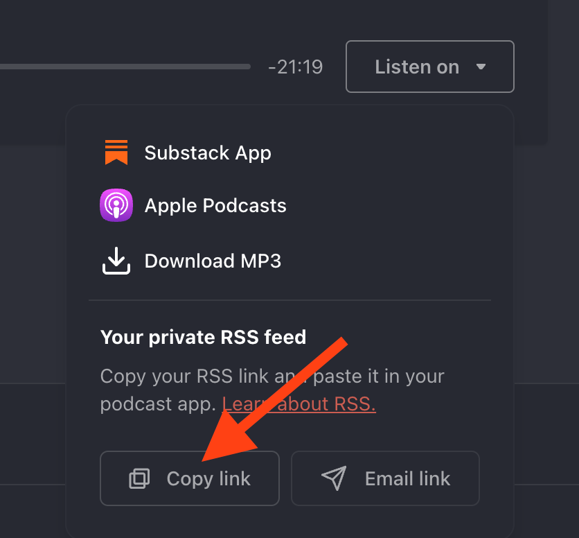 A screenshot of the dropdown from Substack with a red arrow pointing to the button labeled