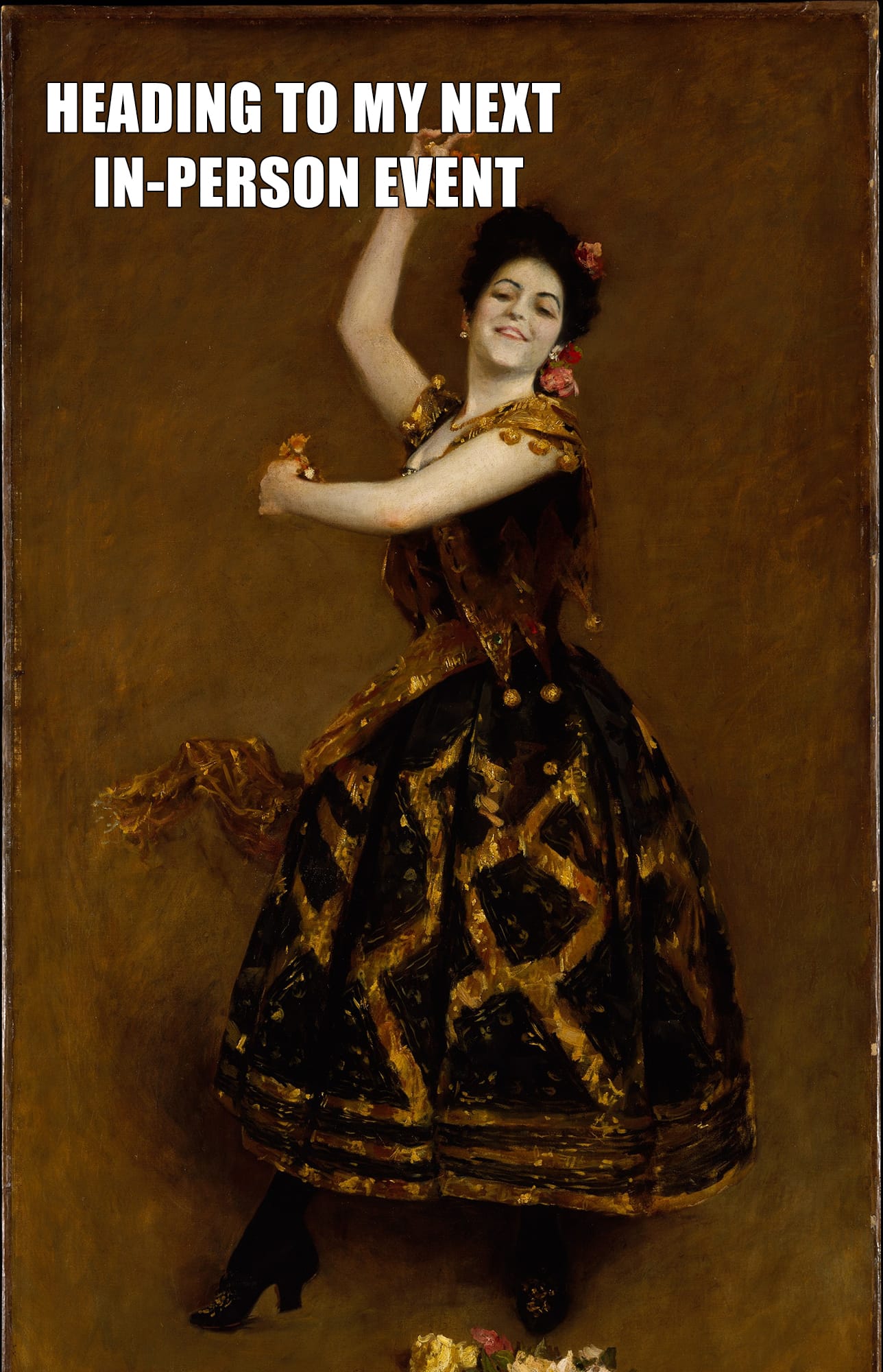 A painting of a woman dancing, captioned "heading to my next in-person event"