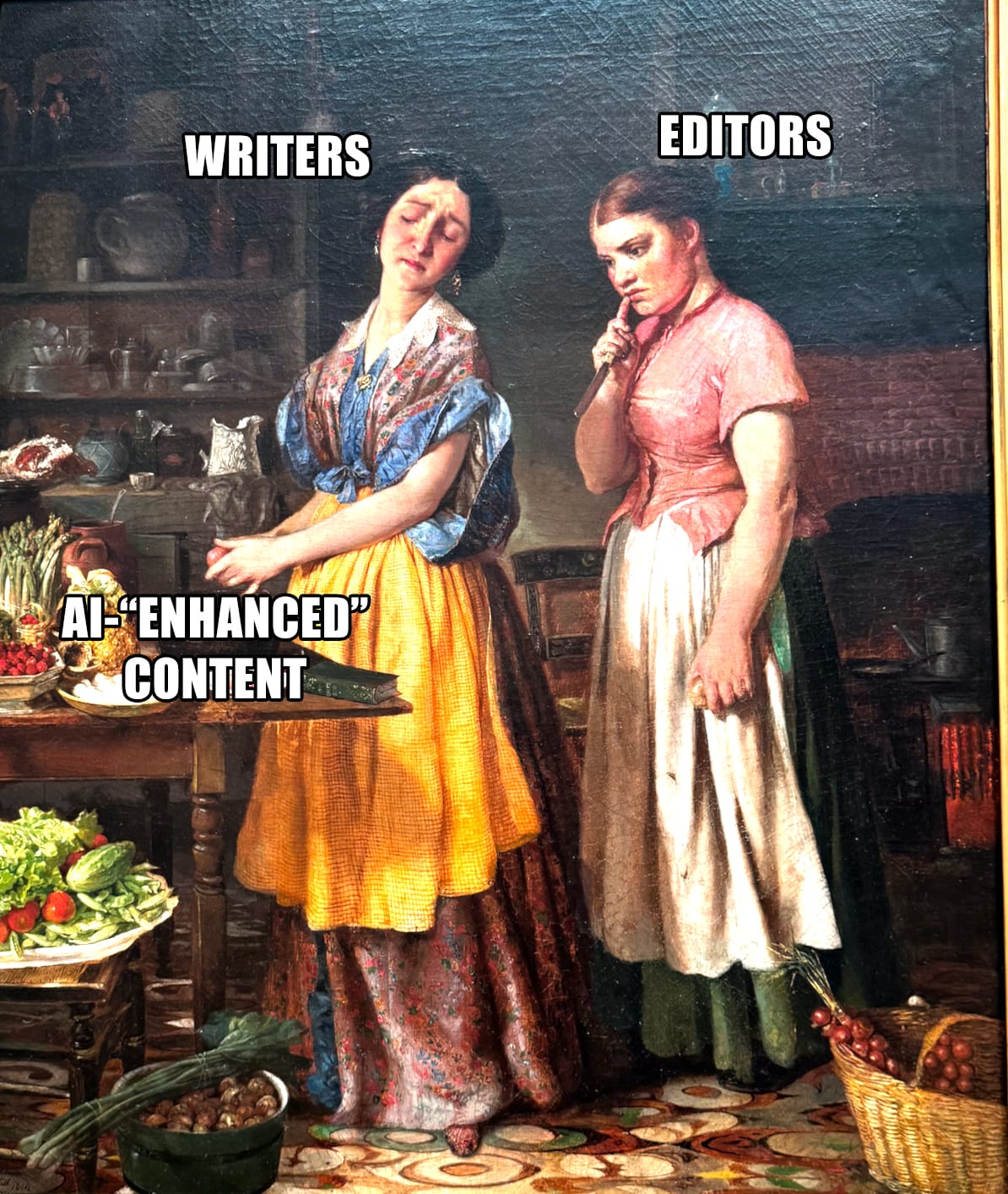 Two women cooking, looking very disgusted and skeptical, the food is labeled "ai-enhanced content"