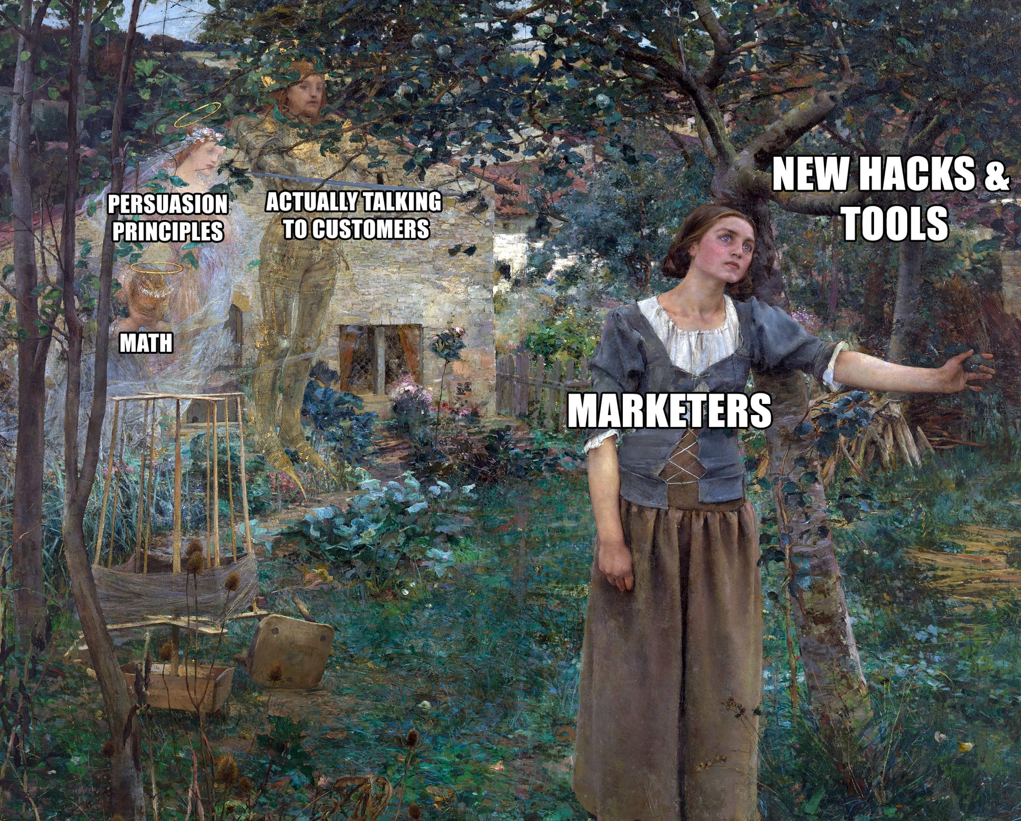 Woman staring at the distance labeled "new hacks & tools", behind her are three ghosts labeled with marketing fundamentals.