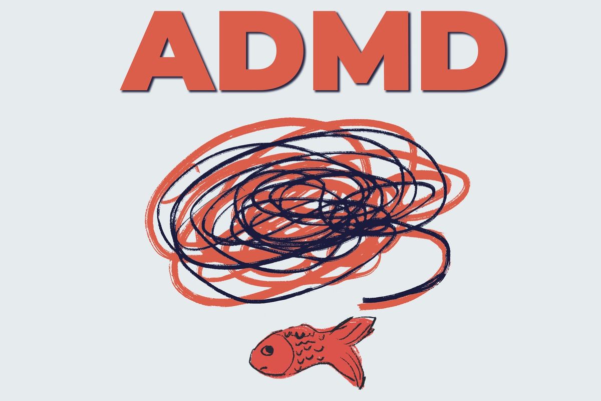 ADMD cover photo featuring publication title and illustration of a red goldfish with a brain-shaped squiggle.