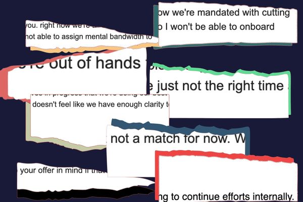 Screenshots of quotes like "not a match for now", "continue efforts internally', "just not the right time".