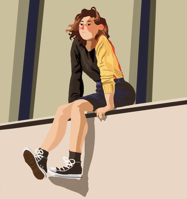 An illustration in the typical corporate style of a white woman sitting on a ledge with her legs hanging off.
